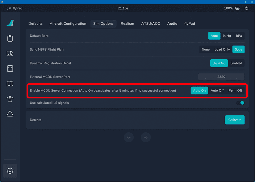 flyPad EFB Settings Sim Options